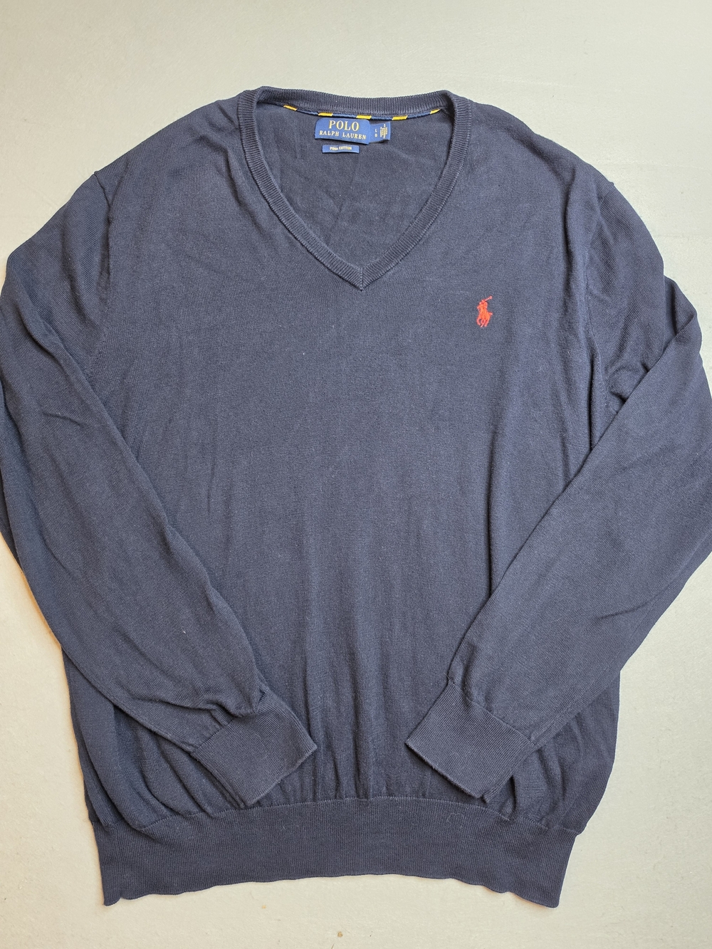 Polo by Ralph Lauren Men's V-Neck Sweater - Navy with Red Pony Size Large